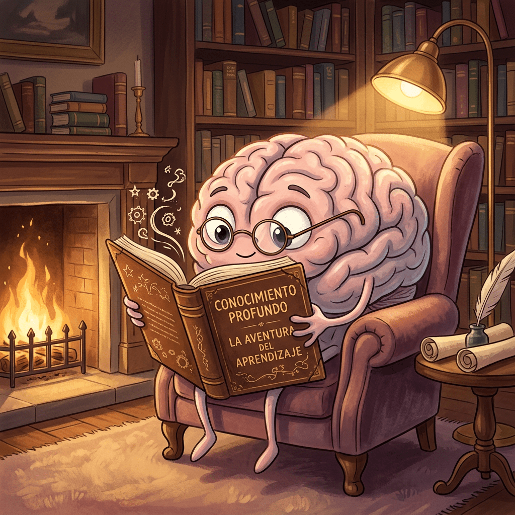 A cartoon brain with glasses sitting in an armchair reading a book titled 'Conocimiento Profundo La Aventura Del Aprendizaje'