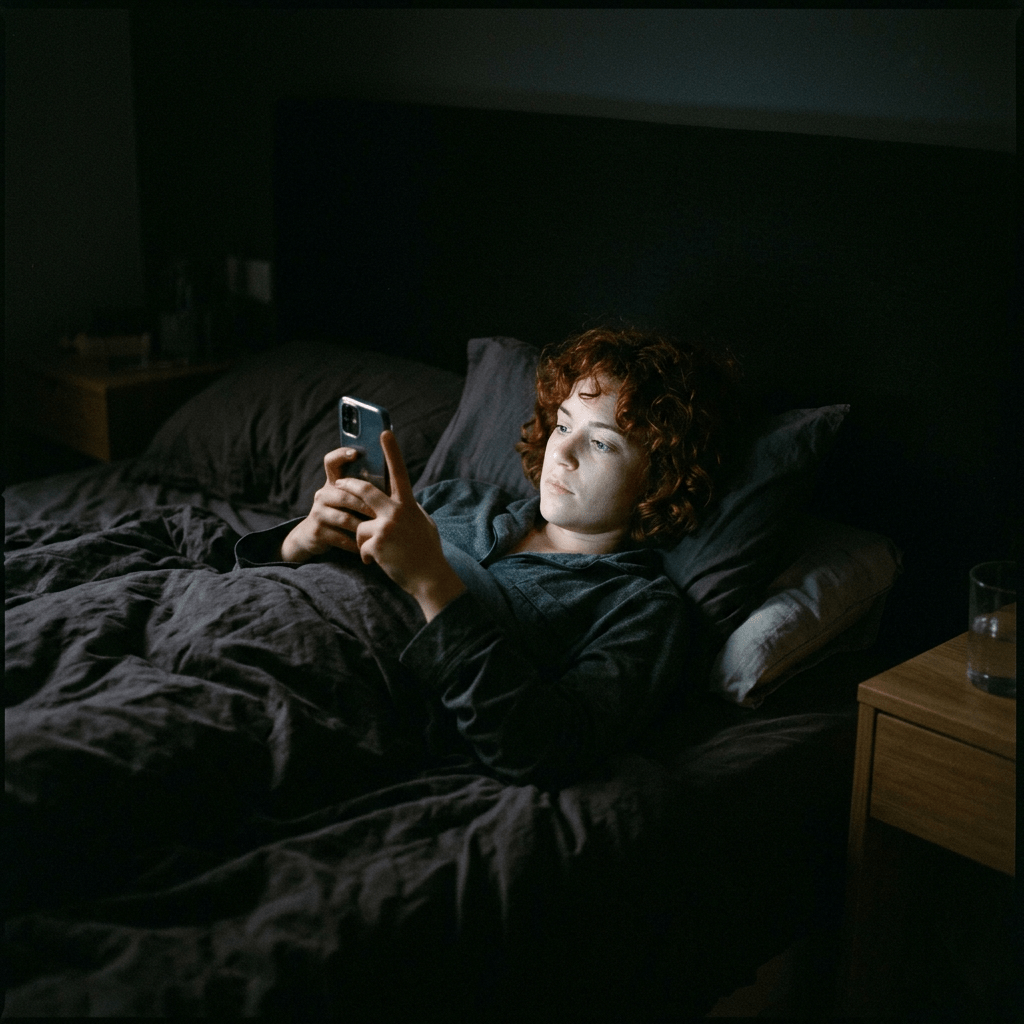 Person lying awake in bed using smartphone