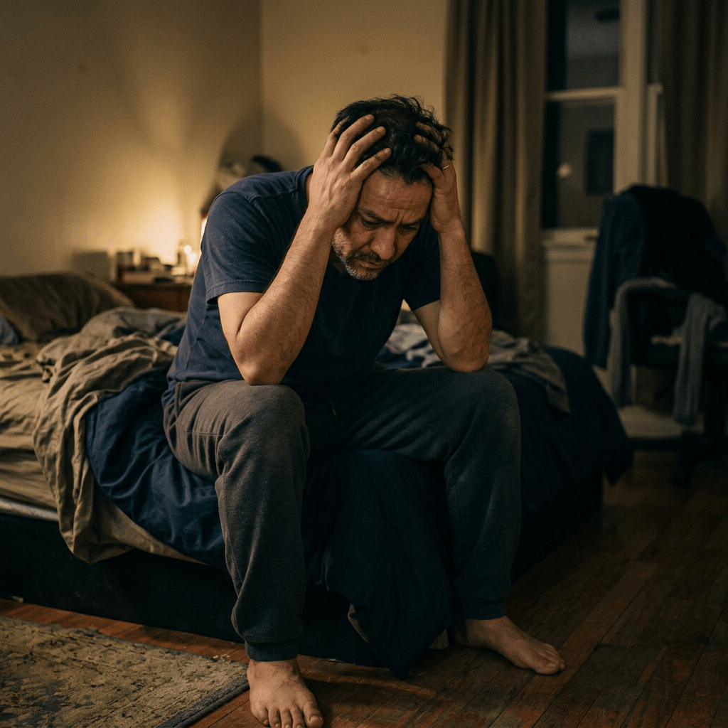 Man sitting on bed holding his head in his hands, appearing stressed or anxious