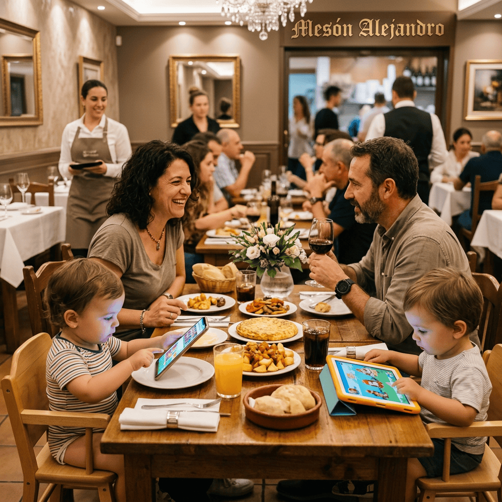 Family dining at Mesón Alejandro with children using smartphones